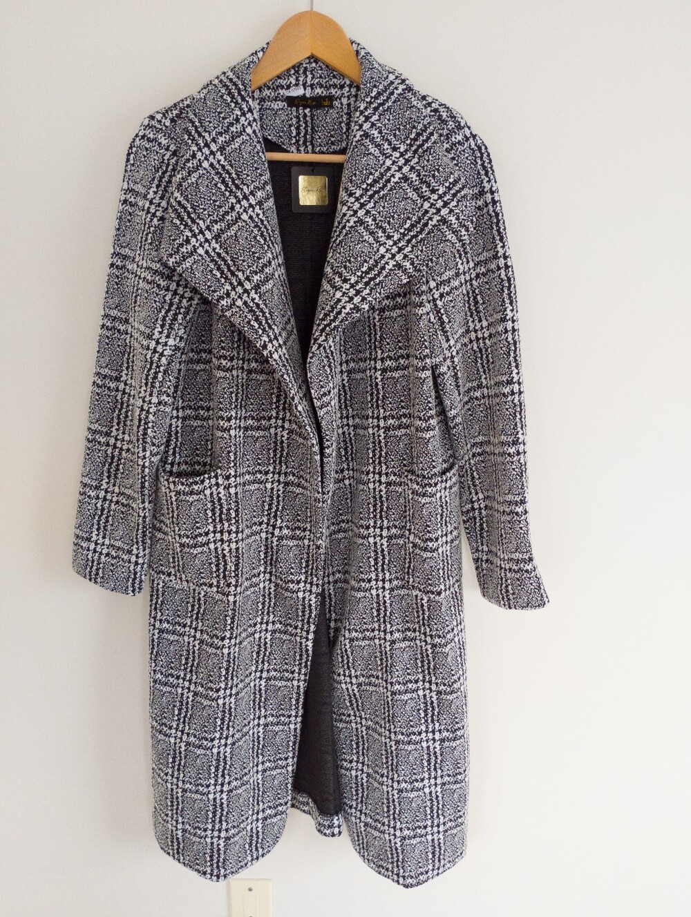 Sugar Rain Plaid Knit Longline Duster Coatigan Jacket Small Black White NWT